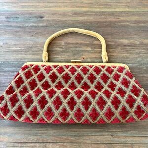 Vintage Pat Vini Red and Gold Velvet Appliqué Top-Handle Clutch